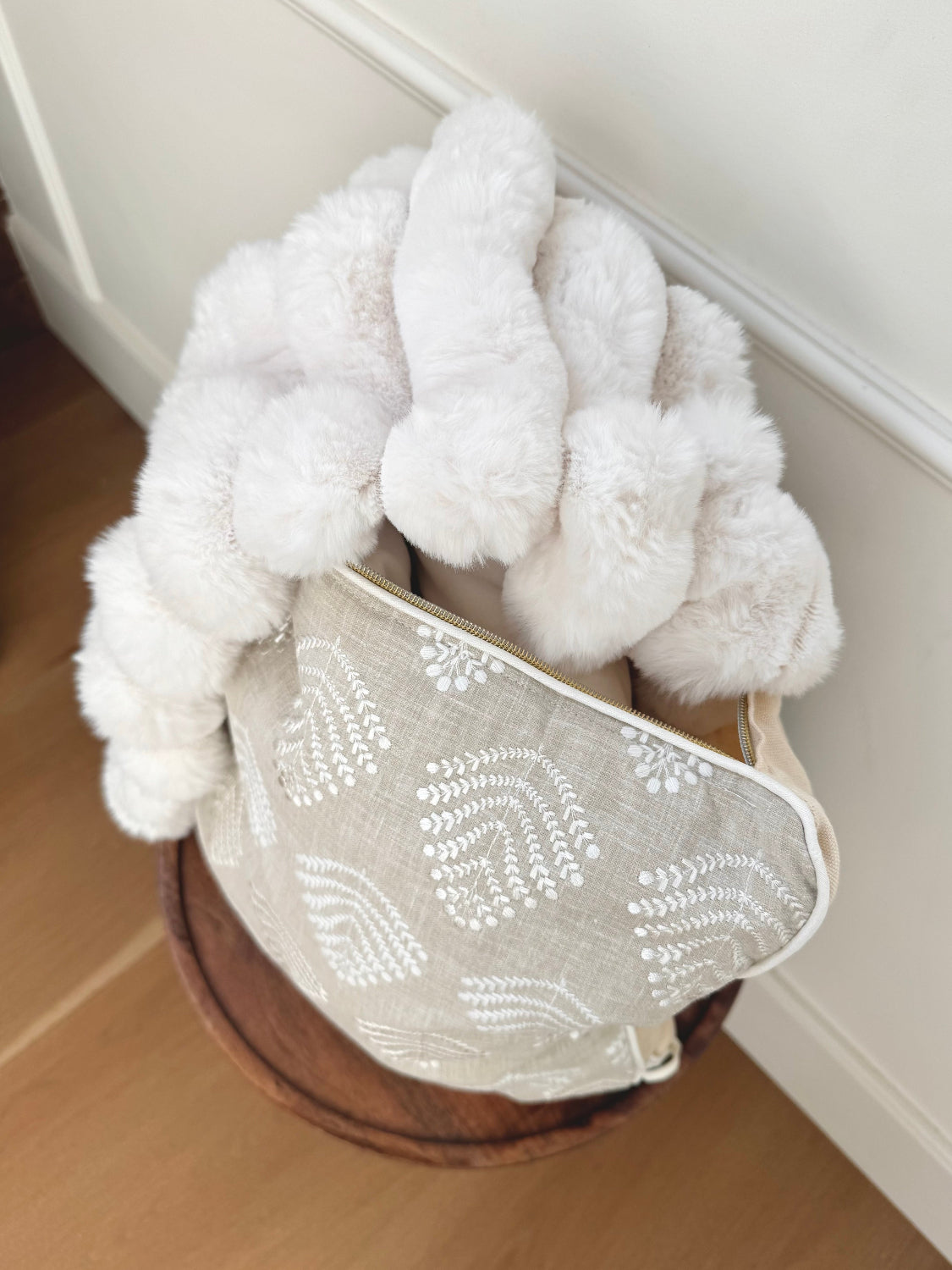 luxurious pillow blanket, decorative embroidered leaf throw pillow, faux fur throw blanket inside